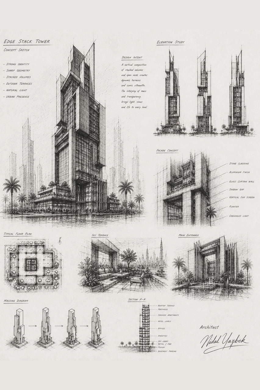 Edge Stack Tower architectural concept sketch by Nidal Yazbek