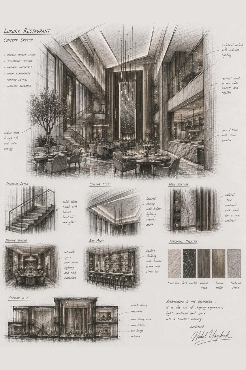 Luxury Restaurant architectural concept sketch by Nidal Yazbek