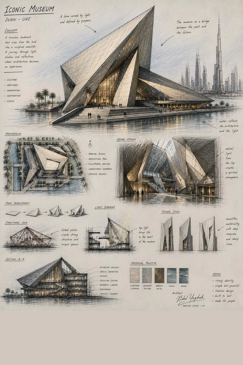 Iconic Museum architectural concept sketch in Dubai by Nidal Yazbek