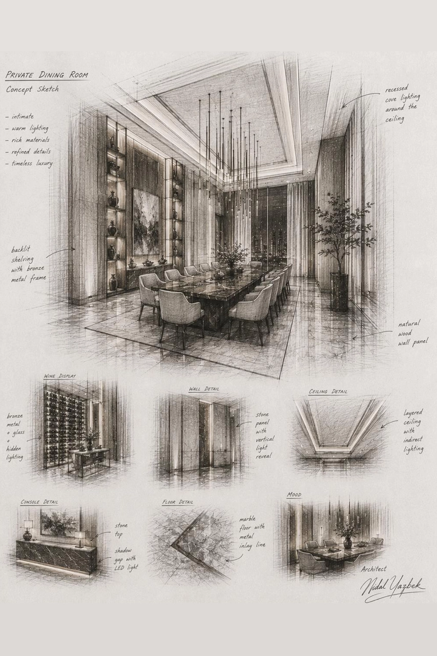 Private Dining Room architectural interior sketch by Nidal Yazbek