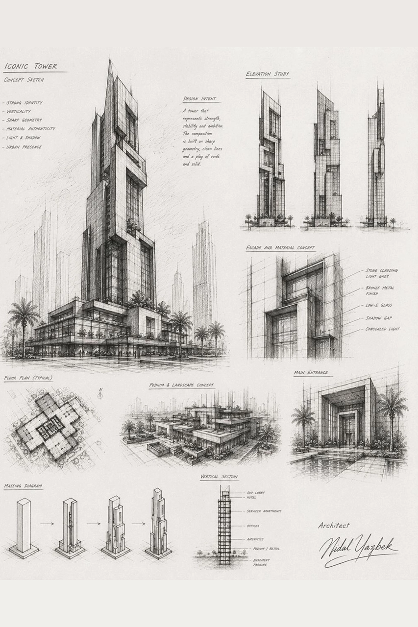 Iconic Tower architectural concept sketch by Nidal Yazbek