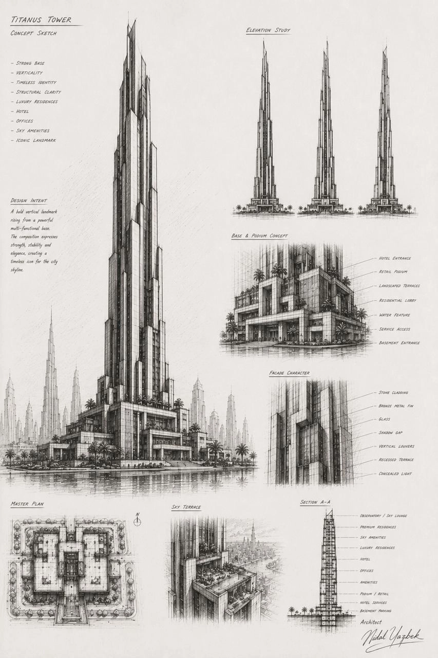 Titanus Tower architectural concept sketch by Nidal Yazbek