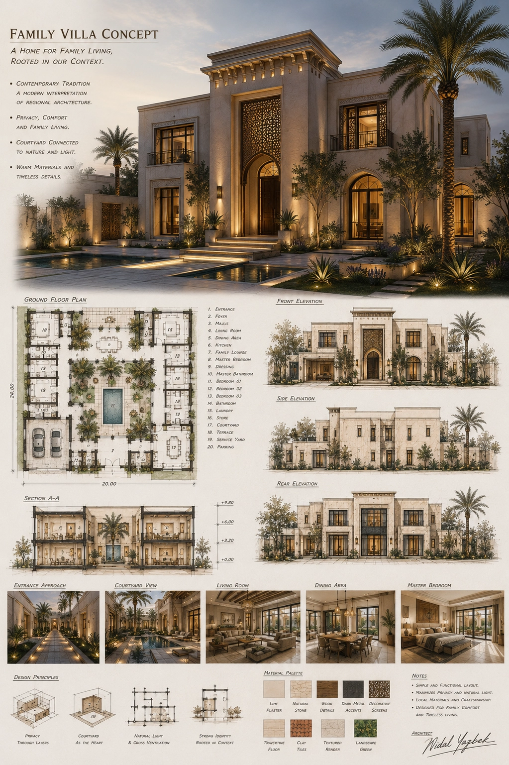 Family Villa Concept architectural sketch with floor plans, elevations, and interior studies by Nidal Yazbek