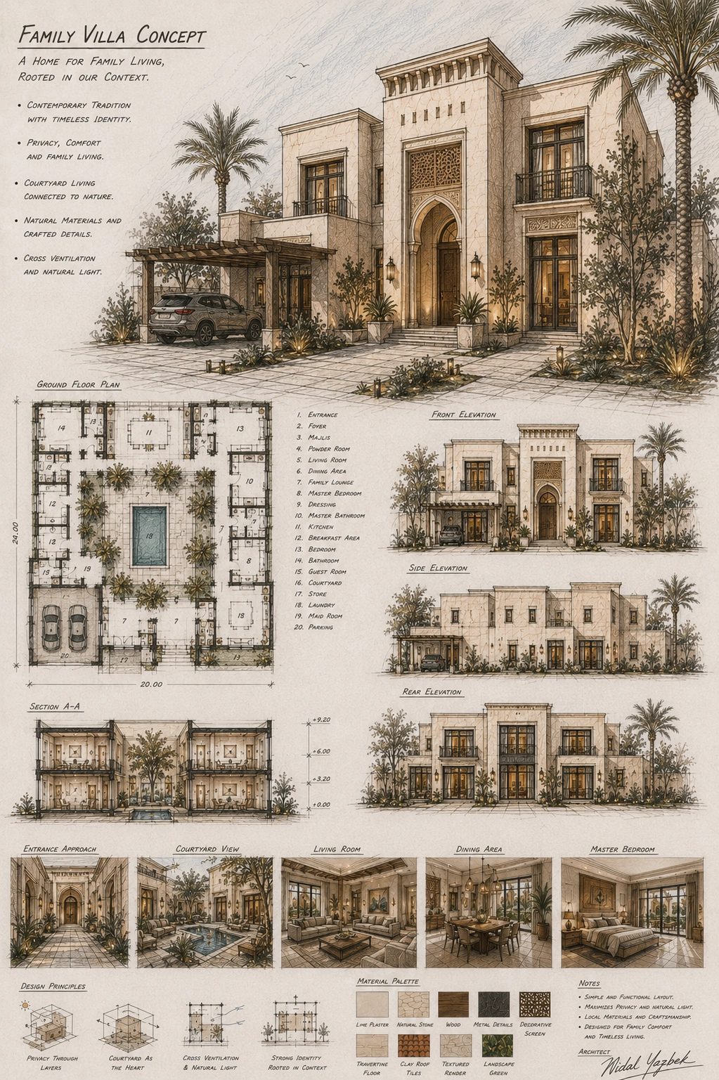 Family Villa Concept architectural pencil sketch with courtyard plan and elevation studies by Nidal Yazbek