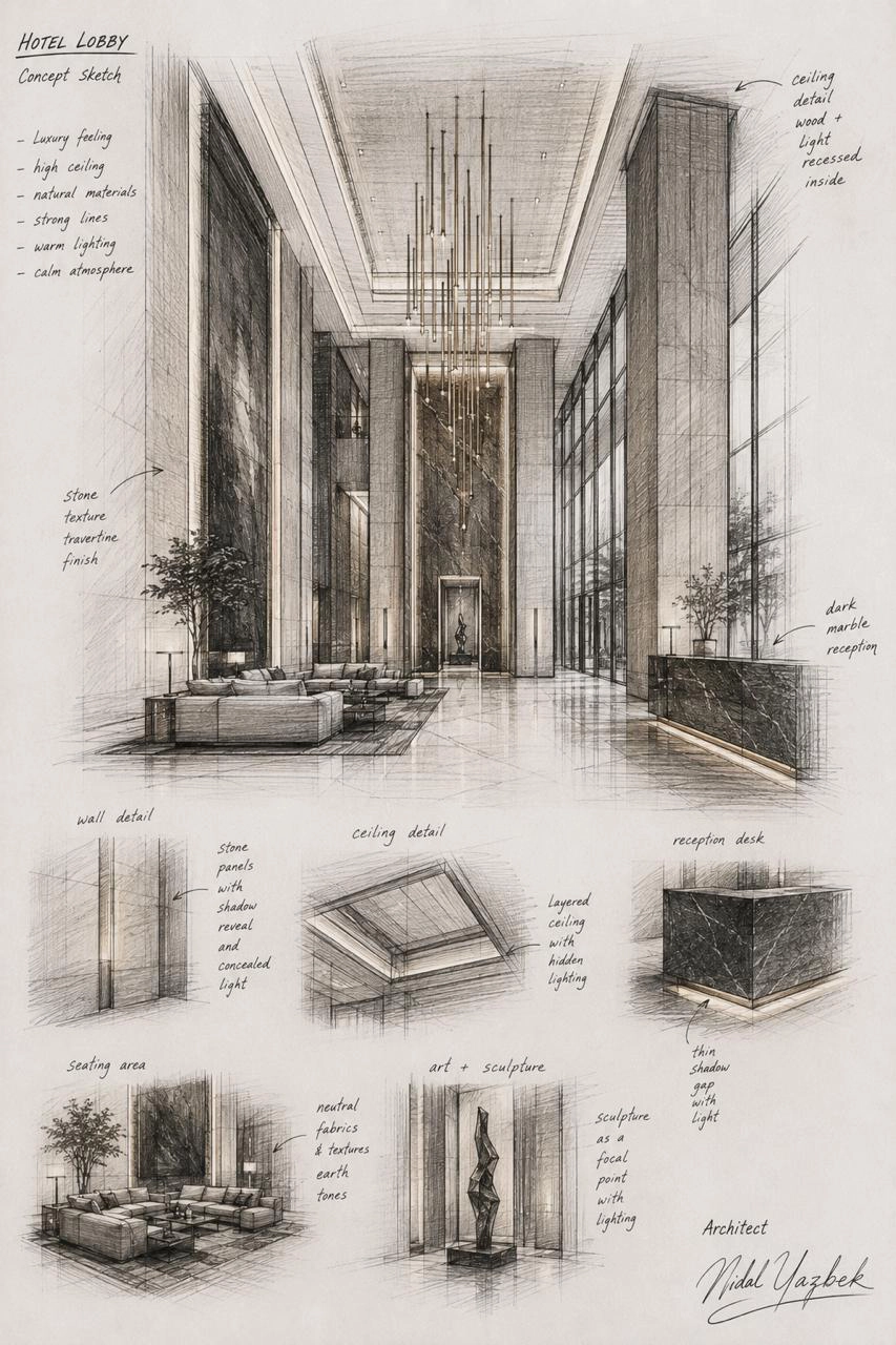 Hotel Lobby architectural interior concept sketch by Nidal Yazbek