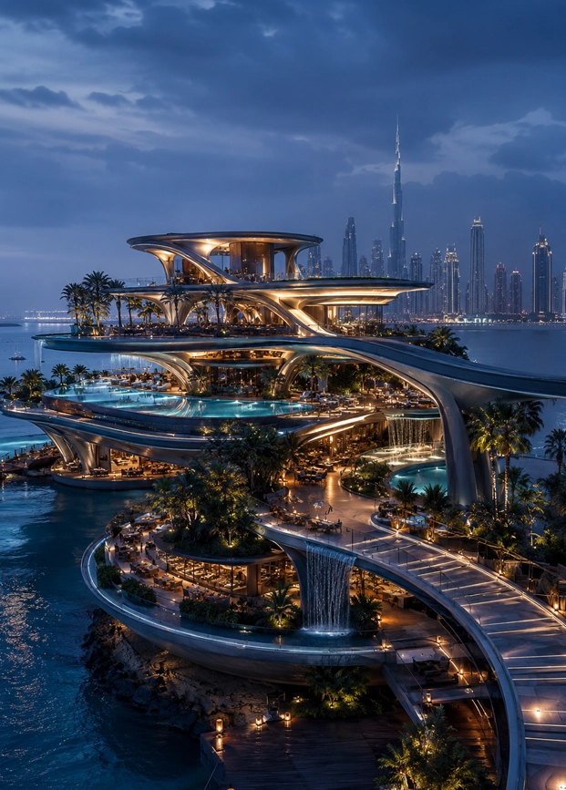 Skyline Oasis Terraces future destination concept showing a luxury multi-level waterfront landmark with elevated terraces, pools, waterfalls, bridges, palm landscape, and Dubai skyline atmosphere