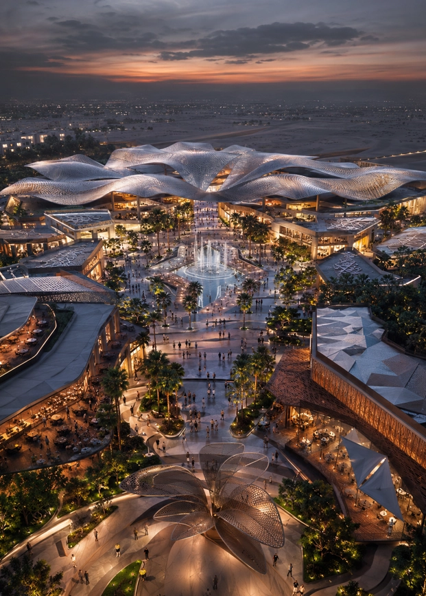 Mirage Canopy Boulevard future destination concept showing a luxury shaded pedestrian district with sculptural roof canopies, retail streets, water features, palm landscape, and evening city atmosphere