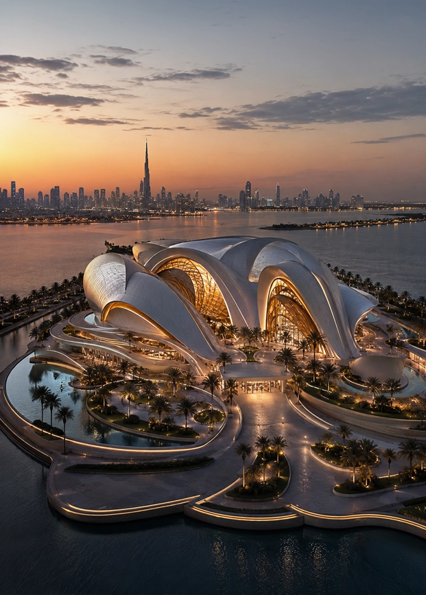 Pearl Bay Cultural Pavilion future destination concept showing a sculptural waterfront cultural landmark with shell-like architecture, luxury plaza, palm landscape, water edge, and Dubai skyline view