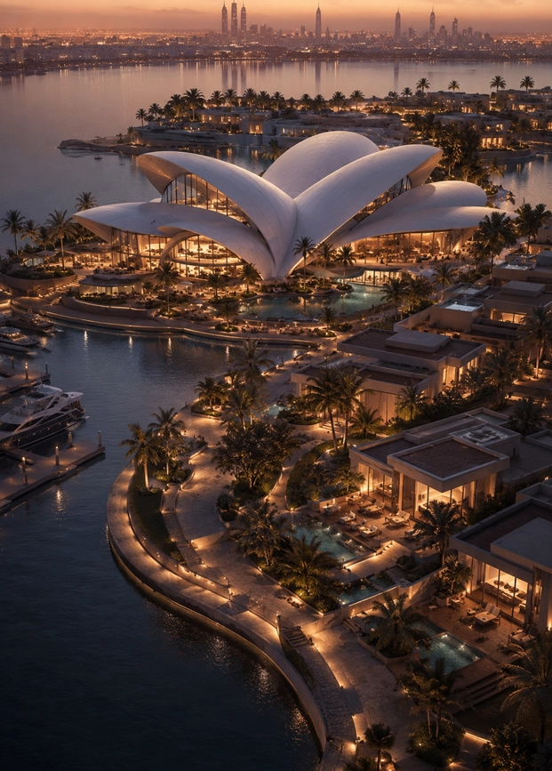 Lotus Marina Landmark future destination concept showing a flower-inspired waterfront cultural building with luxury marina landscape, palm streets, warm lighting, and future city skyline atmosphere