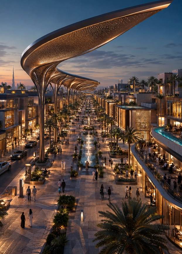 Golden Sail Promenade future destination concept showing a luxury pedestrian retail boulevard with a dramatic golden canopy, palm-lined walkways, premium low-rise buildings, warm lighting, and Dubai evening atmosphere