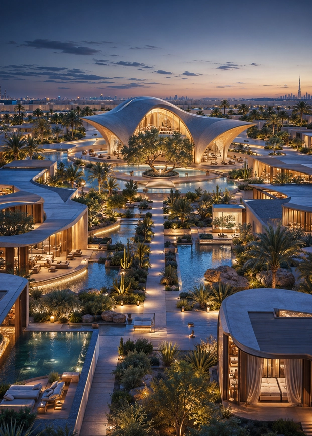 Oasis Arc District future destination concept showing a low-rise luxury mixed-use development with sculptural central pavilion, palm gardens, pools, villas, pedestrian paths, and Dubai skyline background