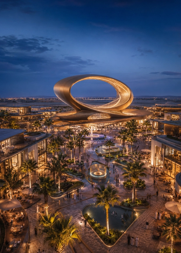 Infinity Gate Plaza future destination concept showing a sculptural golden loop landmark above a luxury pedestrian plaza with retail buildings, water features, palm landscape, and cinematic night lighting