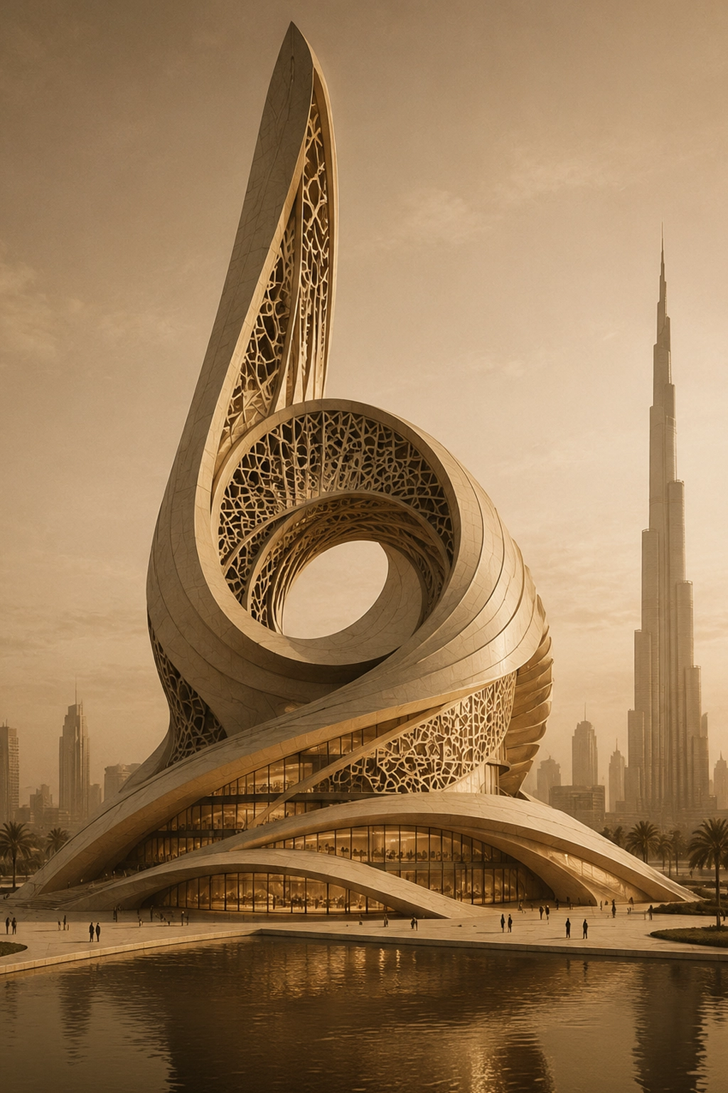 Aurevia Icon futuristic architectural landmark with a tall sculptural loop form, Arabic-inspired lattice skin, flowing base, palm landscape, water reflection, and Dubai skyline background