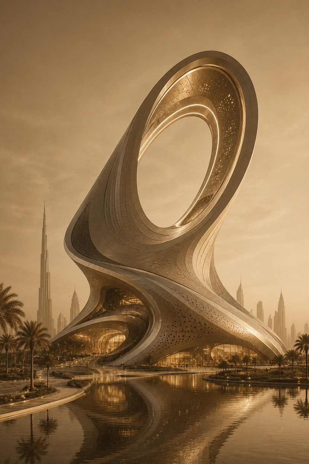 Celestara Gate futuristic sculptural landmark with a large circular sky opening, flowing architectural shell, water reflection, palm setting, and warm Dubai skyline atmosphere