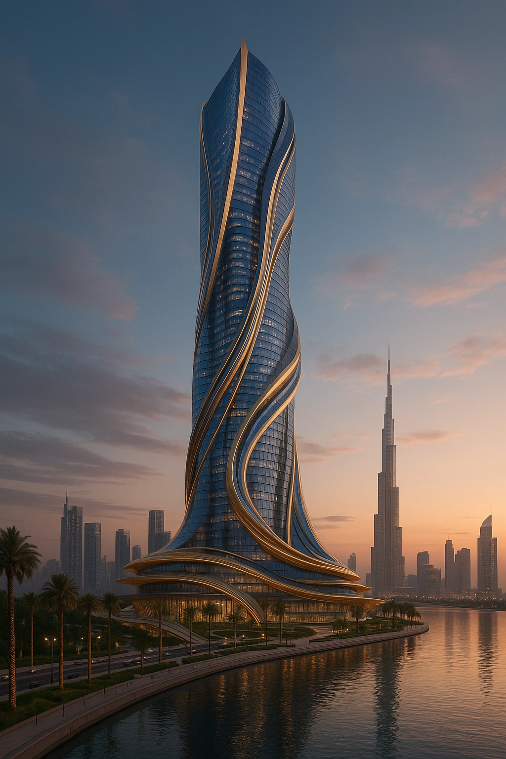 Aurum Flow Tower futuristic Dubai concept showing a tall twisting glass tower with golden edge movement, waterfront setting, soft evening sky, and luxury skyline atmosphere