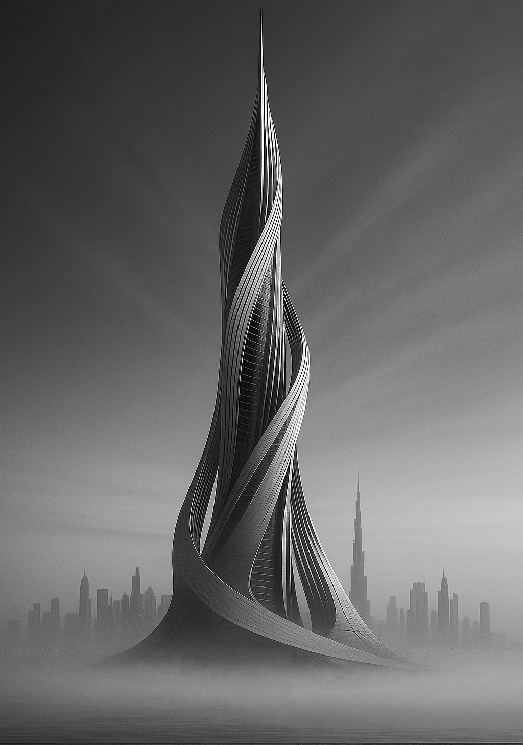 Rotating Veil Tower futuristic concept showing a sculptural twisting tower with flowing vertical ribbons, soft skyline atmosphere, and visionary Dubai landmark presence