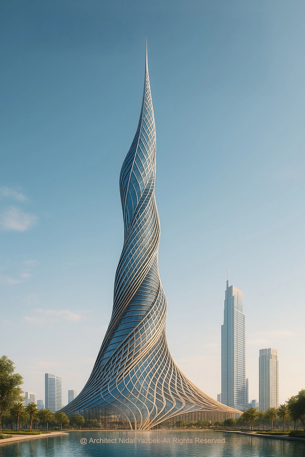 Lattice Veil Tower futuristic concept showing a slim twisting tower with woven glass facade, soft daylight atmosphere, sculptural base, water edge, and clean future skyline presence