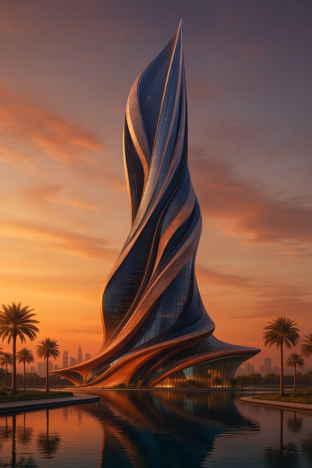 Solaris Spiral Tower futuristic concept showing a twisting sculptural tower at sunset with warm golden light, flowing vertical ribbons, palm landscape, water reflection, and visionary skyline presence