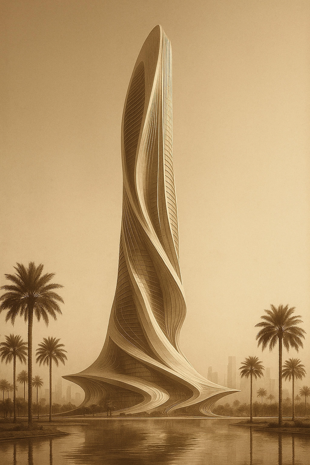 Desert Flow Tower futuristic concept showing a smooth flowing vertical tower with organic curves, sculptural base, palm landscape, and atmospheric future skyline presence