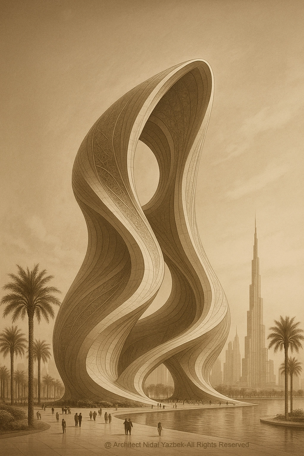 Infinity Flow Tower futuristic sculptural tower with soft twisting movement, looping voids, organic vertical geometry, palm landscape, and a dreamlike future skyline atmosphere