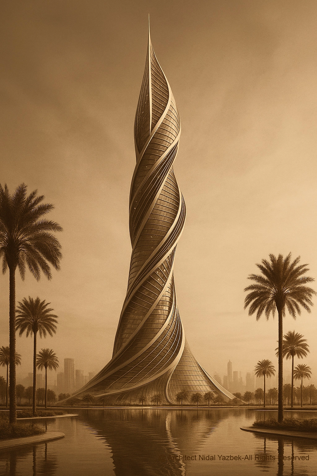 Mirage Spiral Tower futuristic concept showing a soft twisting tower rising beside water and palm trees with desert atmosphere and sculptural skyline movement