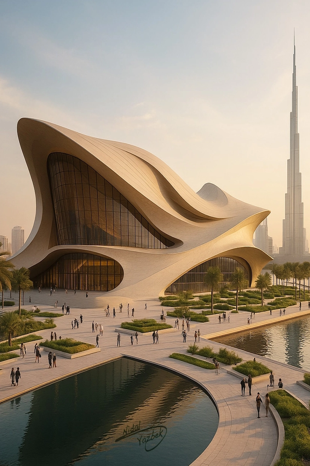 Opera House Concept futuristic sculptural landmark with flowing curved architecture, layered organic form, reflective water edge, landscaped plaza, and a Dubai skyline backdrop