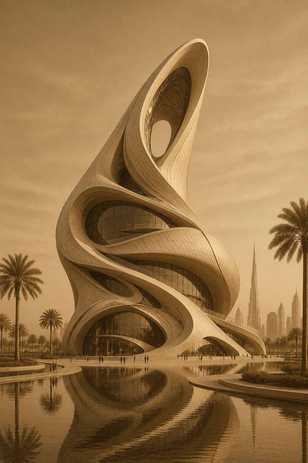 Solara Horizon Concept futuristic sculptural building with layered ribbon-like architecture, oval sky opening, reflective water foreground, palm setting, and warm golden skyline atmosphere