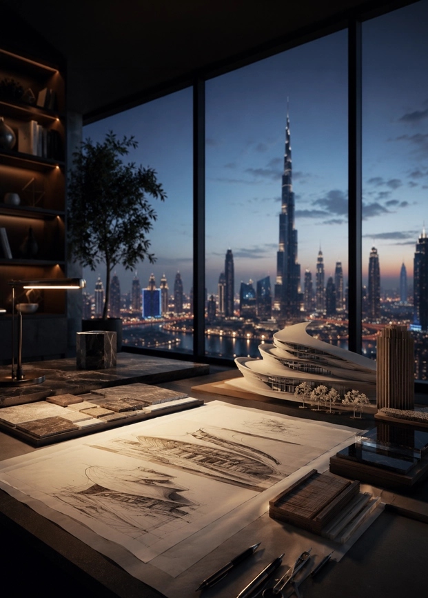 Design Journal by Nidal Yazbek showing a luxury architectural workspace with concept sketches, material samples, warm lighting, dark cinematic mood, and Dubai future architecture atmosphere