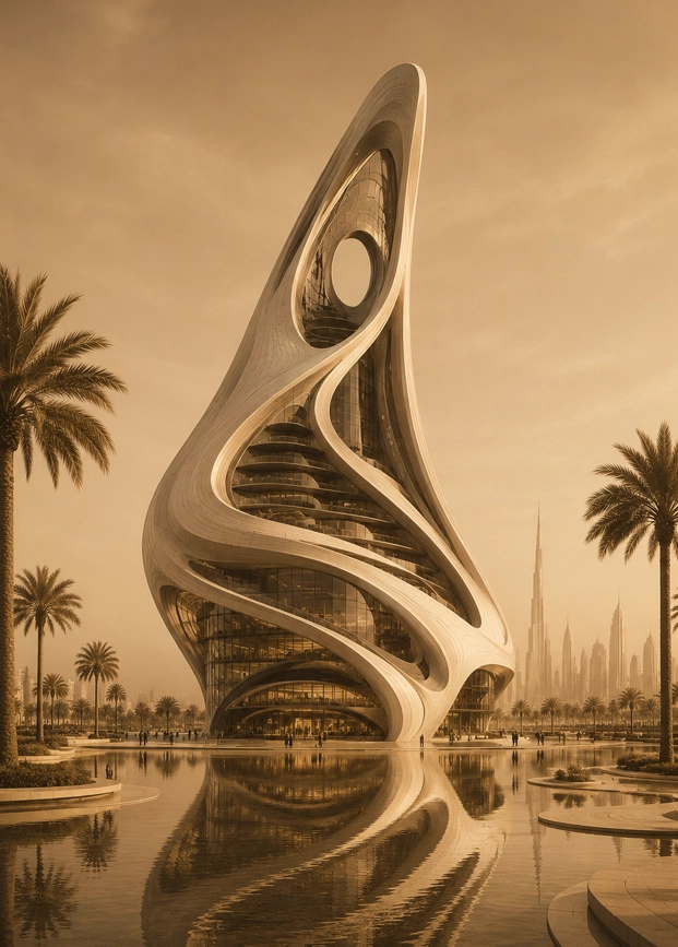 Solara Veil Concept futuristic organic landmark with flowing ribbon architecture, oval upper opening, layered glass interior, palm landscape, water reflection, and warm future skyline mood