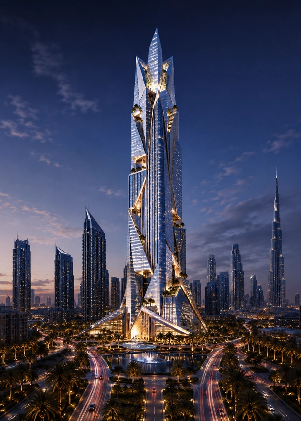 Crystal Edge Tower main portrait view showing a sharp futuristic glass high-rise with crystalline edges, angular facade planes, sky terraces, and buildable Dubai skyline presence