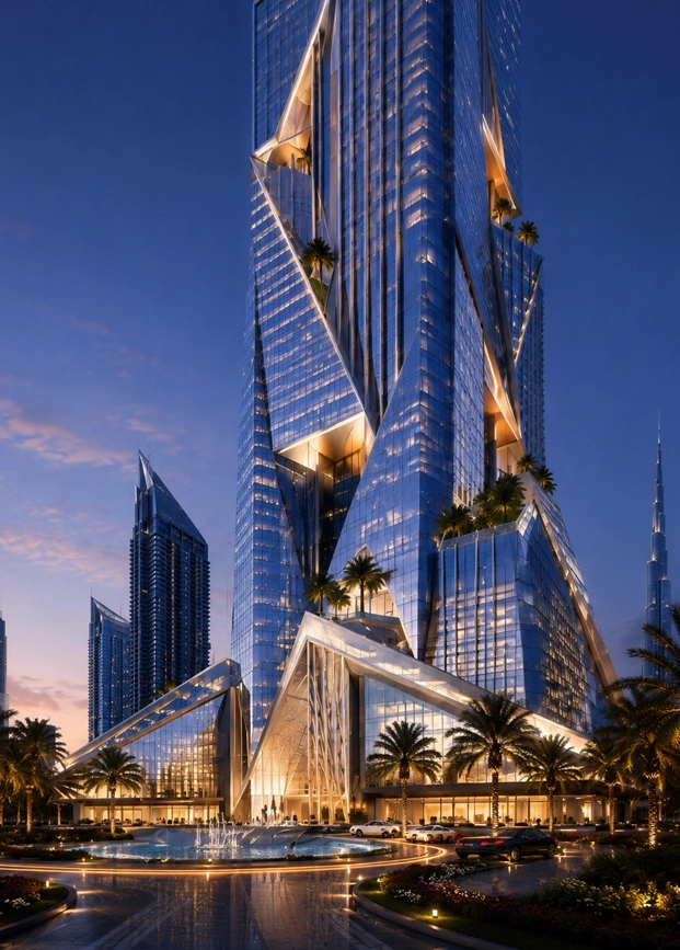 Crystal Edge Tower podium portrait view showing a luxury glass entrance, angular structural base, landscaped drop off, premium lighting, and futuristic Dubai arrival experience