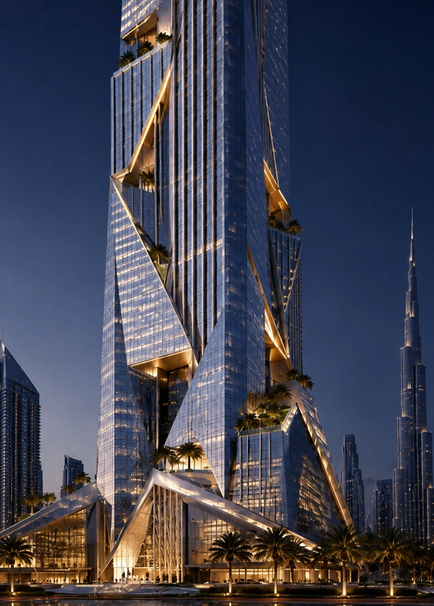 Crystal Edge Tower skyline portrait view showing a sharp glass landmark with crystalline silhouette, angular crown, and premium Dubai skyline identity