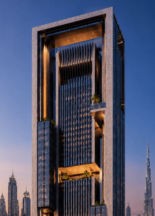 Sky Frame Tower portrait facade detail showing glass depth, metal fins, balcony rhythm, lighting lines, and sharp architectural edges