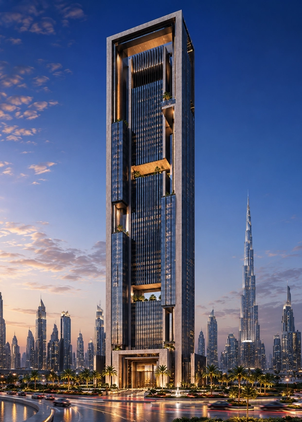 Sky Frame Tower main portrait view showing a sharp rectangular futuristic tower designed as a buildable Dubai landmark