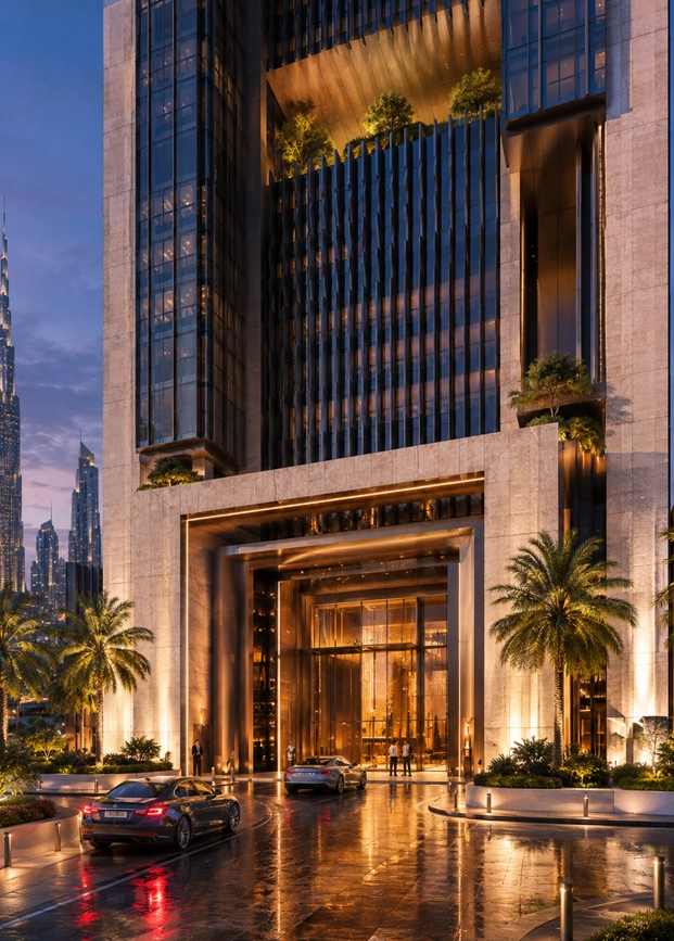 Sky Frame Tower portrait podium and arrival view with luxury entrance, drop off area, landscape, and premium lighting
