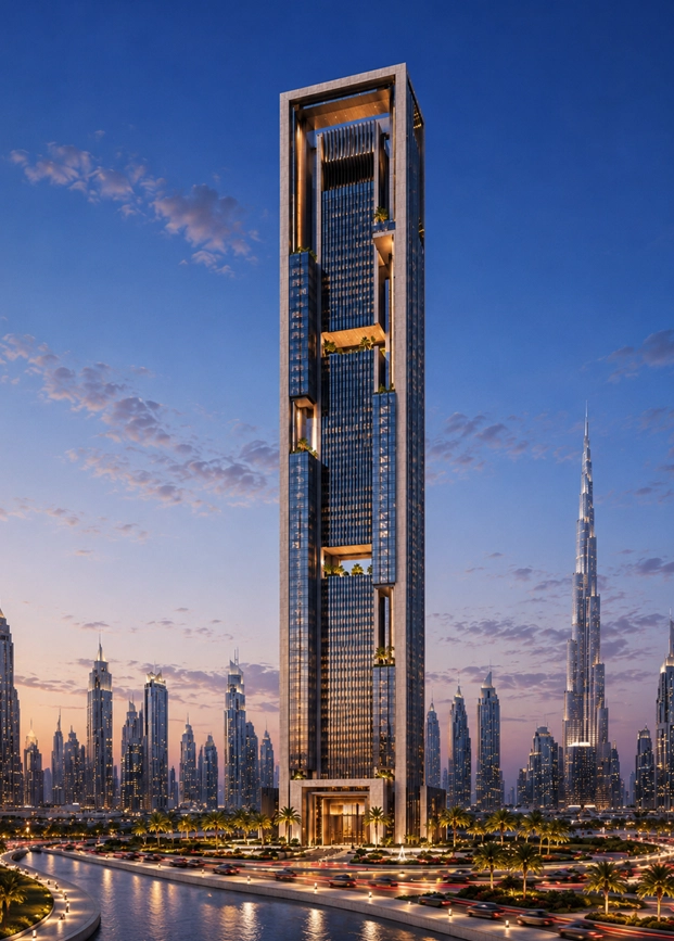 Sky Frame Tower portrait skyline view showing the tower as an iconic buildable landmark in Dubai