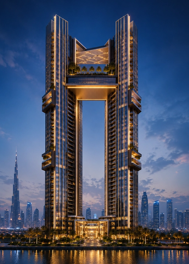 Skyline Gate Tower main portrait view showing twin vertical towers connected by elevated sky bridges with a large central gateway void and luxury Dubai skyline presence