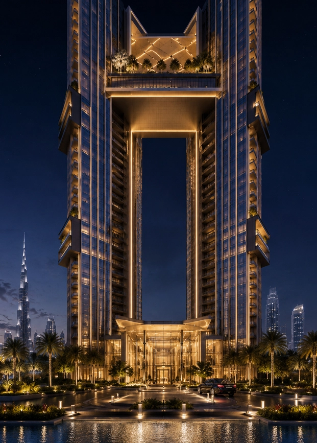 Skyline Gate Tower podium portrait view showing a luxury arrival, grand entrance, landscaped drop off, premium lighting, and strong base below a twin-tower gateway landmark