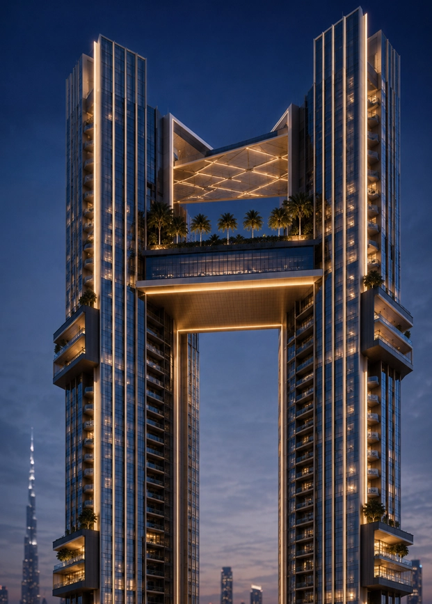 Skyline Gate Tower skyline portrait view showing a twin-tower gateway silhouette with elevated sky bridges and a strong Dubai landmark presence
