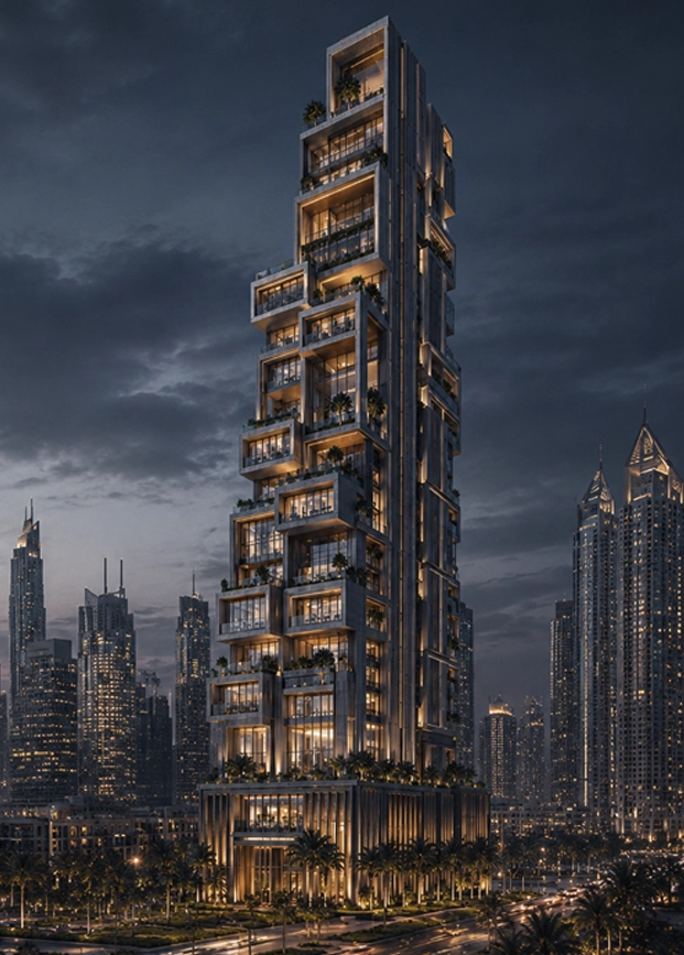 Stacked Villas Tower facade portrait detail showing balcony depth, sky-villa terraces, glass, metal fins, warm lighting, and sharp residential tower edges