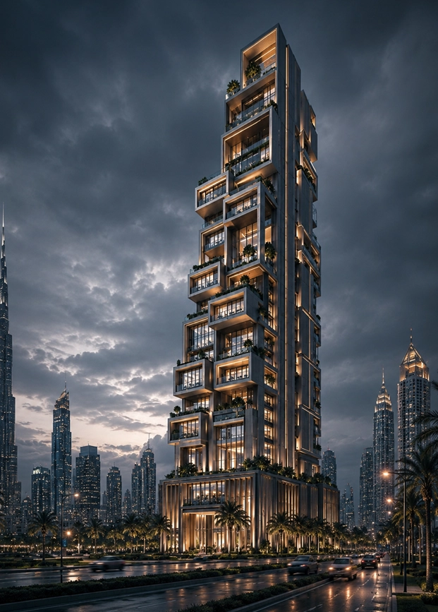 Stacked Villas Tower main portrait view showing a buildable luxury residential tower with stacked sky villas, private terraces, sharp massing, and Dubai skyline presence