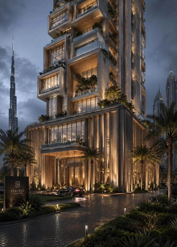 Stacked Villas Tower podium portrait view showing a luxury residential arrival, private drop off, landscaped entrance, and premium Dubai tower base