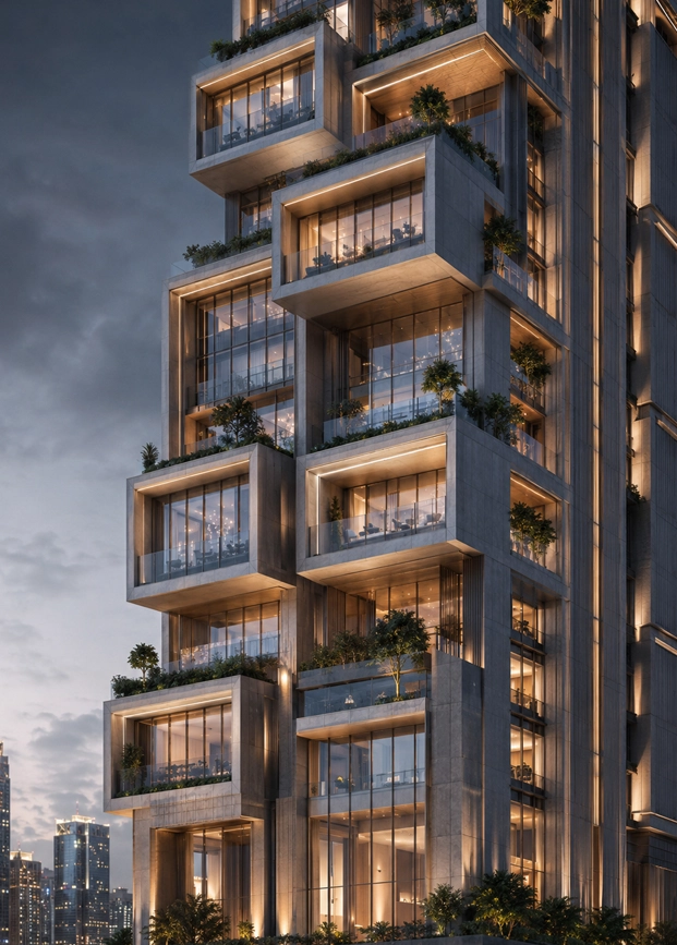Stacked Villas Tower skyline portrait view showing layered residential volumes, stacked terraces, and a luxury buildable tower silhouette in Dubai
