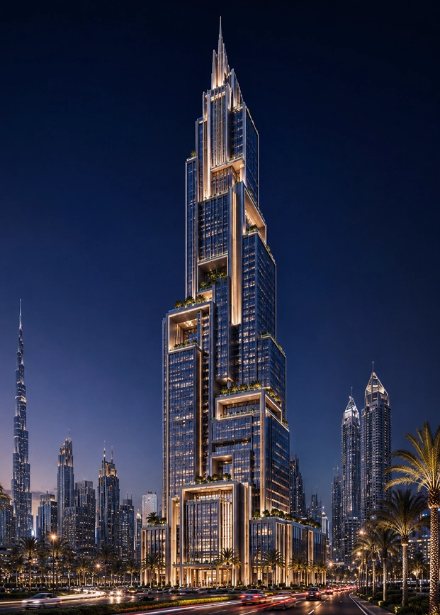 Terraced Spire Tower main portrait view showing a sharp stepped futuristic high-rise with sky terraces, vertical spire form, warm lighting, and buildable Dubai skyline presence