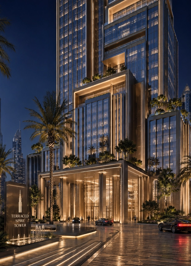 Terraced Spire Tower podium portrait view showing a luxury arrival, grand entrance, landscaped drop off, premium lighting, and strong tower base