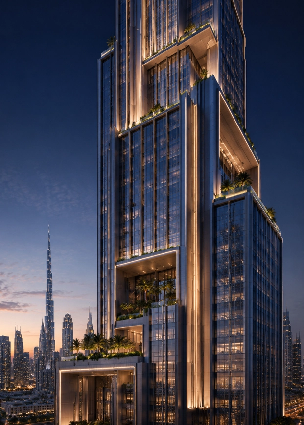 Terraced Spire Tower skyline portrait view showing a stepped luxury spire tower with a recognizable buildable silhouette in Dubai