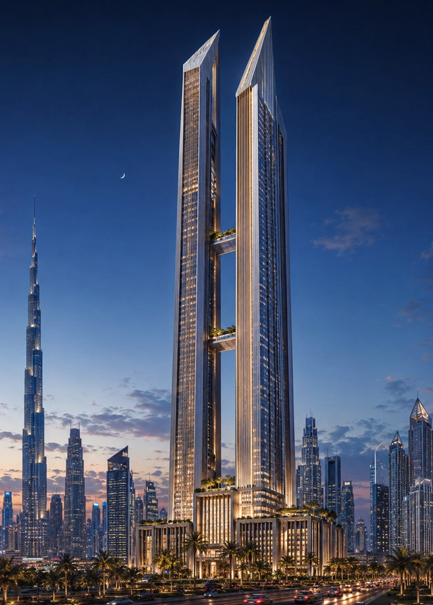 Twin Blade Tower main portrait view showing two sharp vertical high-rise blades connected with sky bridges and designed as a buildable Dubai landmark