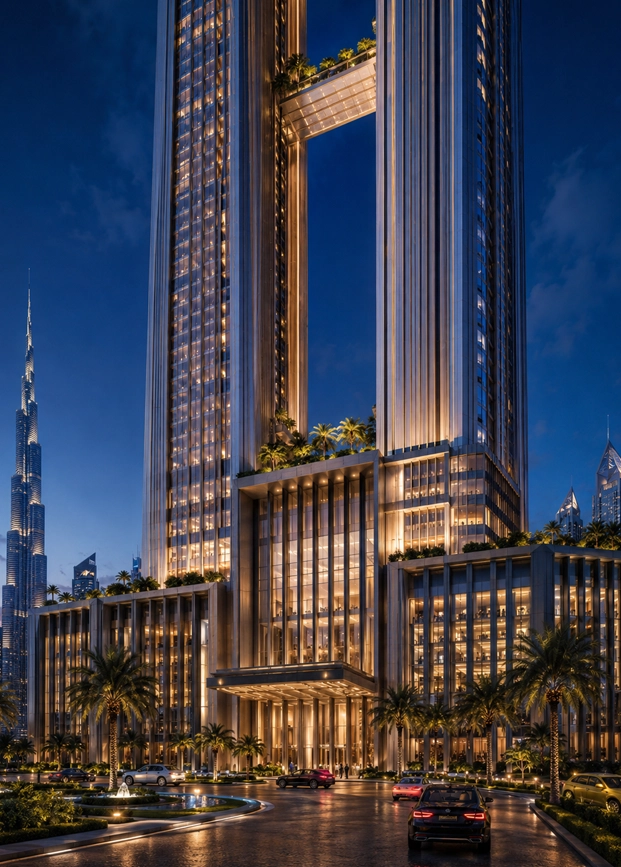 Twin Blade Tower podium portrait view showing a luxury arrival, strong base, landscaped drop off, and premium entrance below twin towers