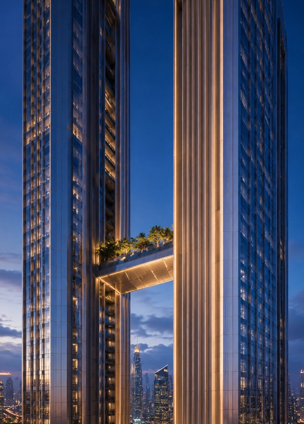 Twin Blade Tower skyline portrait view showing two sharp vertical tower blades with a strong iconic Dubai skyline silhouette