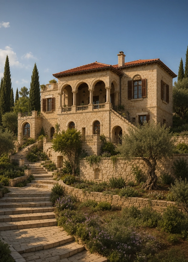 Heritage Architecture Rendering by Nidal Yazbek showing a luxury heritage-inspired villa with stone facade, arches, warm cultural character, and refined architectural atmosphere